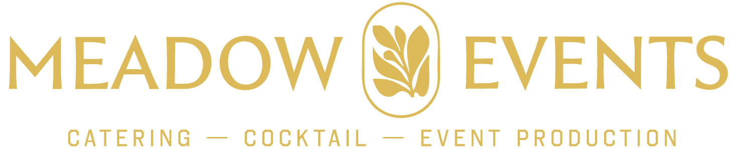Meadow Events logo with the company name and a stylized leaf design, along with the words 'Catering - Cocktail - Event Production'.